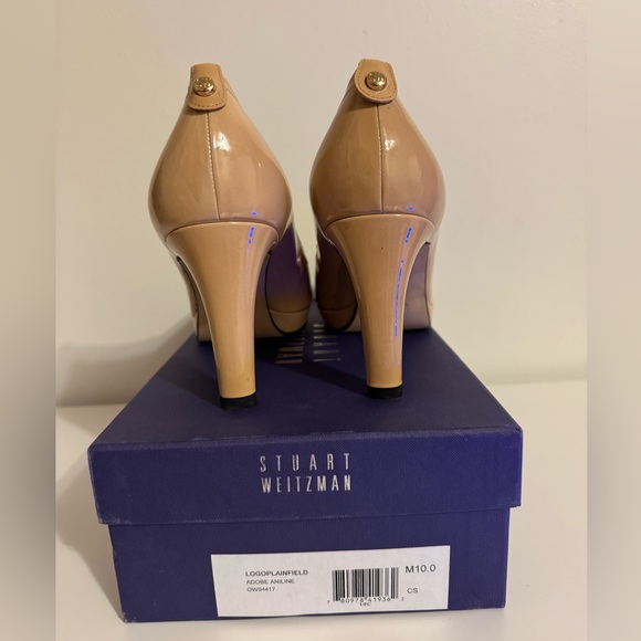 Stuart Weitzman Adobe Aniline Tan Patent Plainfield Peep Toe Pump Heels Size 10 - Picture 4 of 5